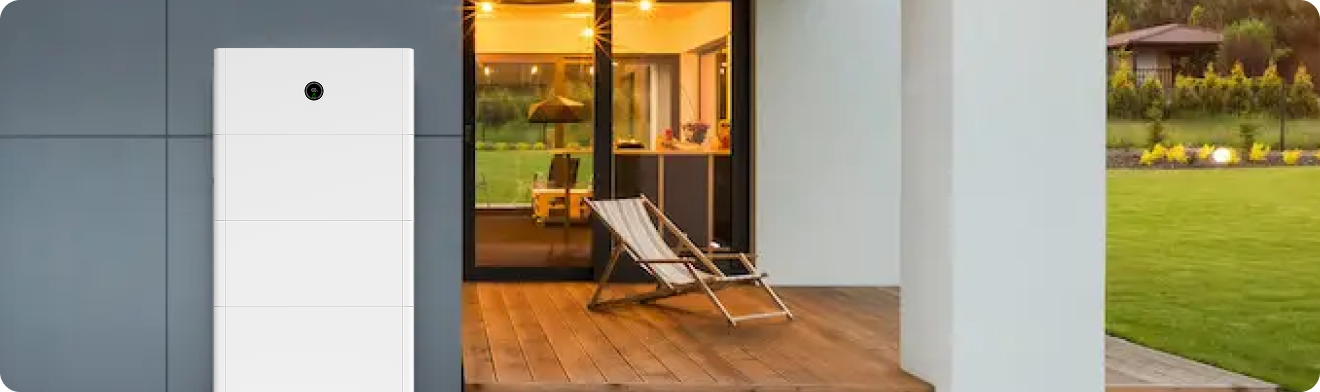A modern white home battery unit installed on an exterior wall with a view of a lit patio and lush green lawn