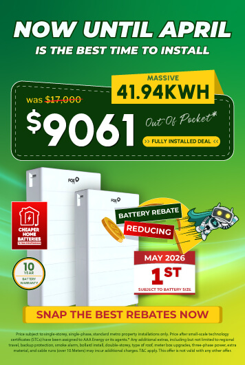 Vertical banner for a home battery rebate, showing a happy family and a 30.0 kWh battery system