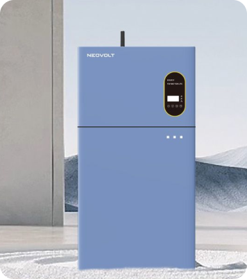 NEOVOLT blue home battery with a digital display