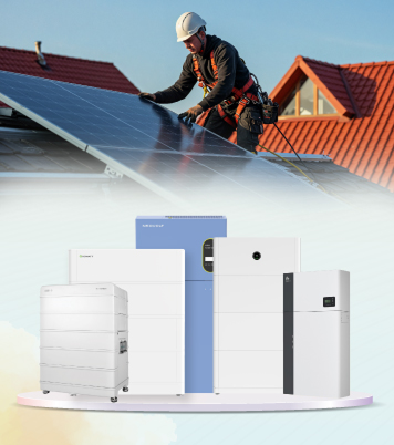 A solar technician installing a panel and a display of solar products