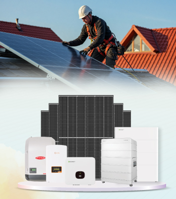 A solar technician installing a panel and a display of solar products