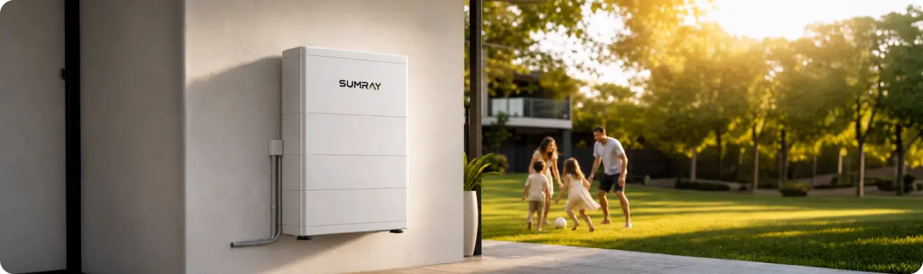 A modern white home battery unit installed on an exterior wall with a view of a lit patio and lush green lawn