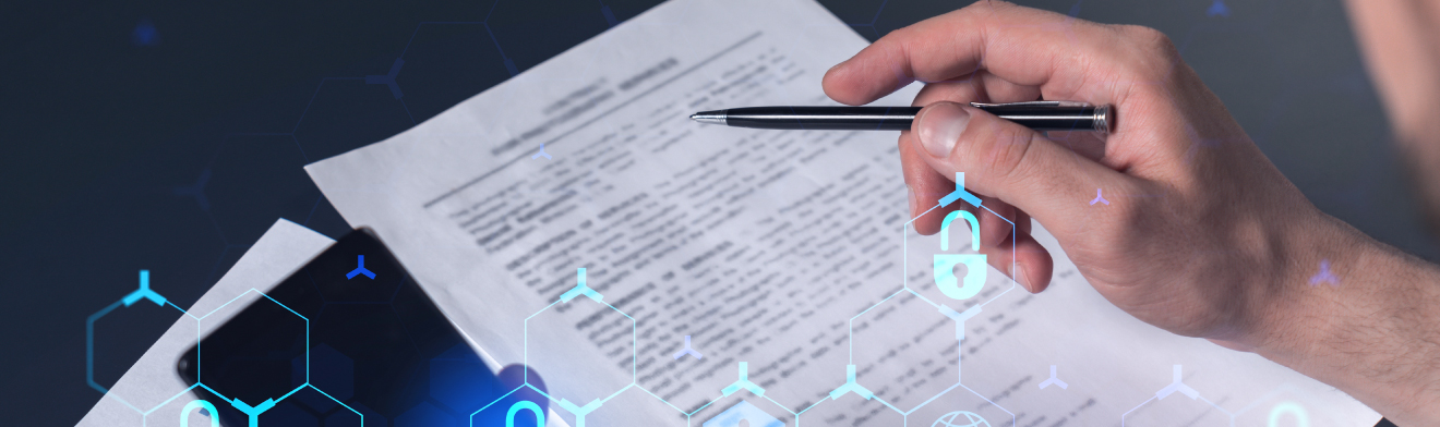 Hand signing a terms and conditions document, with overlaid digital security symbols
