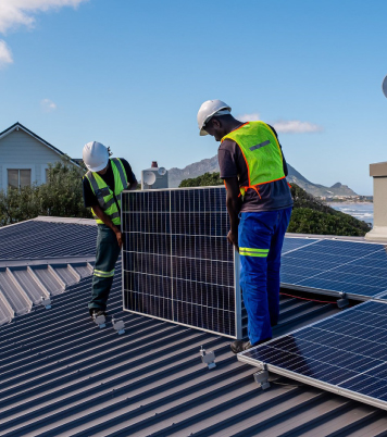 Two solar installers carrying and positioning a solar panel on a metal rooftop