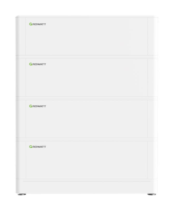 Front-view product image of the white stacked GROWATT home battery storage unit.