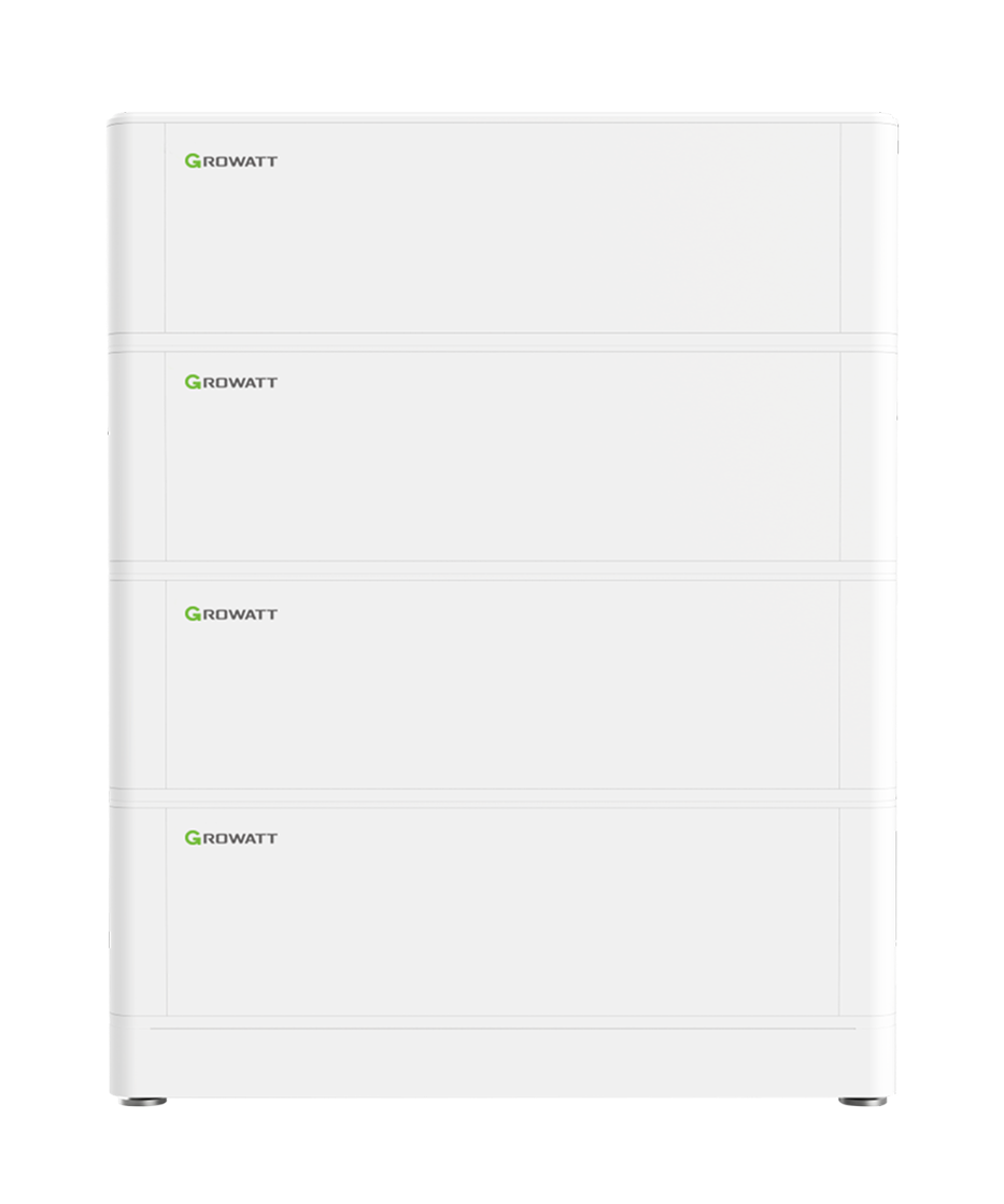 Front-view product image of the white stacked GROWATT home battery storage unit