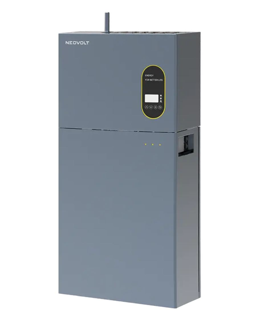 Gray NEOVOLT home battery with a digital display