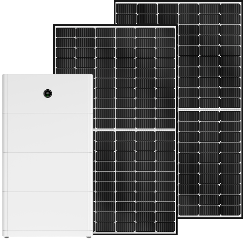 A complete solar energy system, including a white home battery and multiple black solar panels