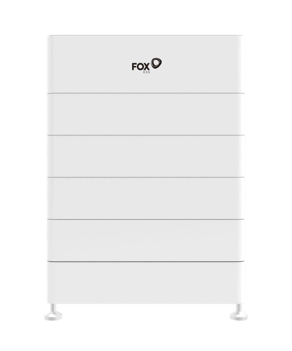 Front-view product image of the white, stacked FOXESS home battery storage unit.
