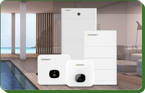 GROWATT solar battery and inverter products in a modern setting