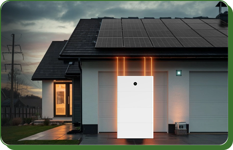 Home battery on a garage with energy flowing from solar panels
