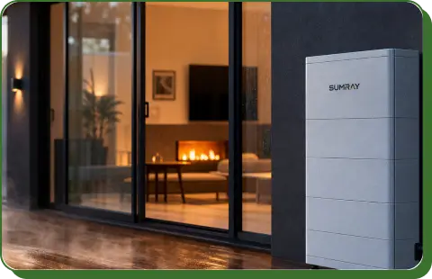 Home battery on a garage with energy flowing from solar panels